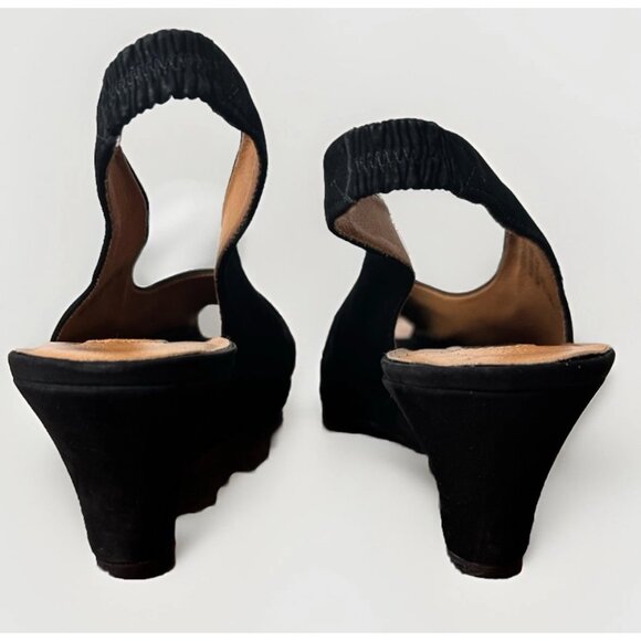 (8)NINE WEST "IDA" Tiny Peep Toe Slingback Black Suede Wedge Heels - Picture 8 of 10